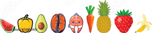 Healthy Food Icons Fruit Vegetable Salmon Vector Set