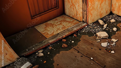 Cracked Wall and Debris Revealing Interior Space with Erosion and Decay in an Abandoned Building Captured in Two Distinctive Video Frames