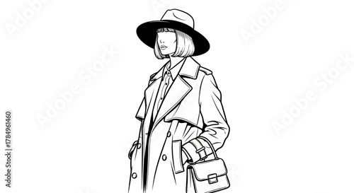 Fashionable woman in trench coat and hat stylish vector illustration artwork