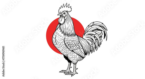 Stylized rooster with red sun illustration evoking oriental artistic traditions and culture