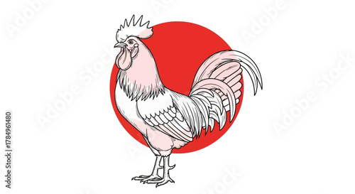 Stylized line drawing of a rooster on a vibrant red circular background artful design