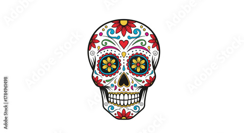 Traditional colorful sugar skull adorned with floral and heart patterns for Dia de los Muertos.
