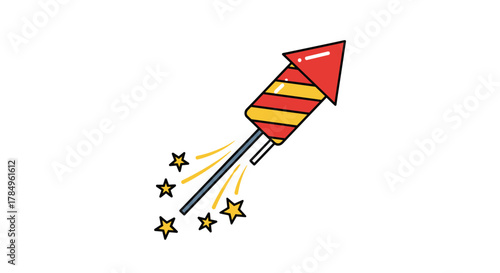 A red and yellow striped rocket firework is launching upwards, leaving a trail of stars and sparks.