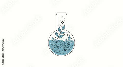 A stylized illustration of a laboratory flask containing blue liquid and blue-green plant branches with leaves and small sparkles.
