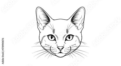 Monochrome feline portrait illustration with delicate lines showcases the cat's facial features