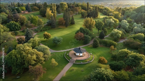 Fototapeta Naklejka Na Ścianę i Meble -  Aerial view of lush green park in late summer featuring scenic landscaping and walking paths