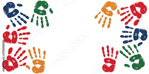 Colorful handprints circle diverse community concept vector illustration for teamwork and collaboration projects