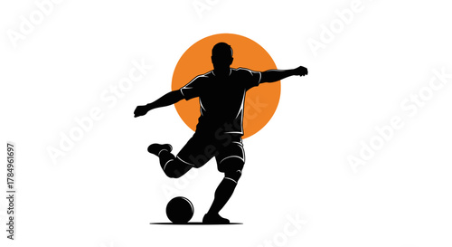 Dynamic soccer athlete silhouette striking the ball against a vibrant sunset backdrop expressing