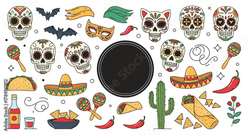 Collection of Mexican holiday icons including sugar skulls, sombreros, tacos, and bats.