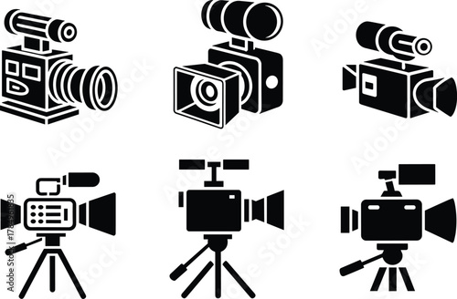 Set of black video camera icons on tripod, filmmaking and recording equipment, cinematography tools, media production, film industry symbols