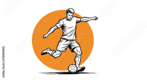 Dynamic action sketch of a soccer player kicking a ball with an orange background