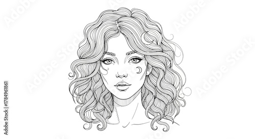 Enigmatic woman portrait in linear style with stylized wavy hair and lunar symbol