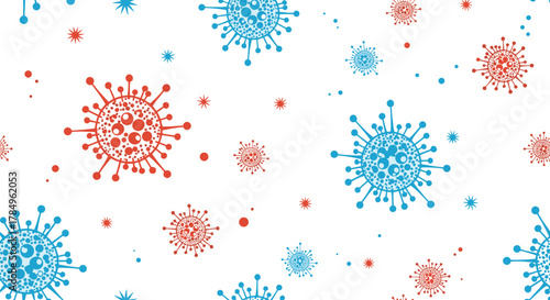 Seamless pattern of red and blue virus illustrations on a white background.