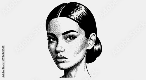 Elegant monochrome portrait of a woman with intricate halftone texture and classic hairdo