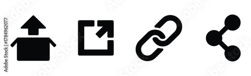 Digital interface icons: upload, external link, hyperlink, and share symbols in black on a minimal white background Vector