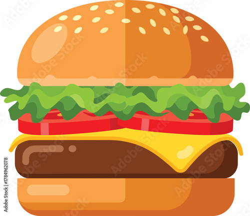 Flat illustration of a hamburger with sesame seed bun lettuce tomato and cheese food fast