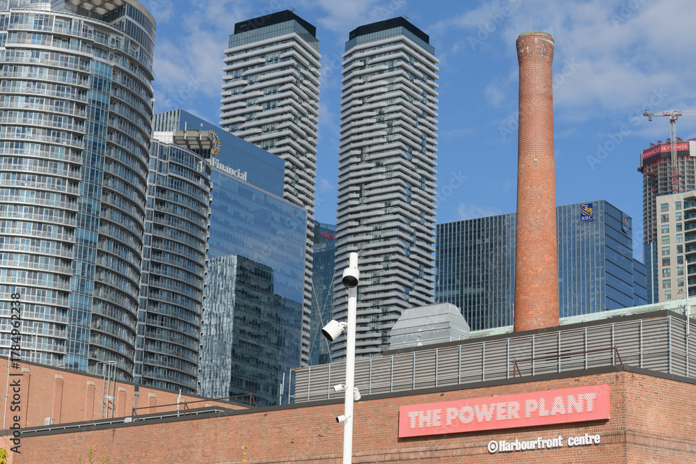 Naklejka premium detail view of The Power Plant Contemporary Art Gallery at Harbourfront Centre located at 231 Queens Quay W, Toronto (includes modern office towers and condos, looking northeast)