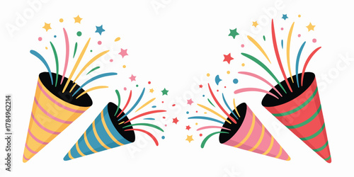 Colorful party poppers with confetti and streamers vector illustration for festive events isolated on white background
