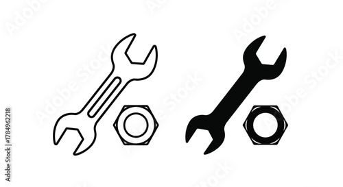 Wrench and Nut Icons in Outline and Solid Styles
