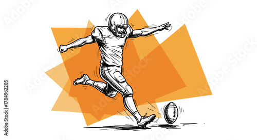 Dynamic american football kicker with energetic orange shapes in graphic style