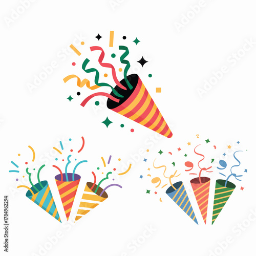 Set of party poppers with confetti colorful vector illustration for celebration and festive events isolated on white bac