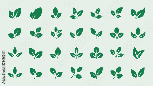 Collection of diverse green leaf icons and logo elements representing nature, organic products, and eco-friendly themes. Vector