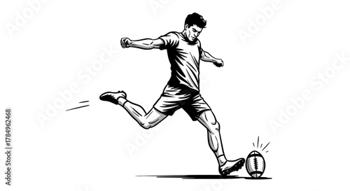 Dynamic illustration of a determined football player kicking the ball powerfully with concentration