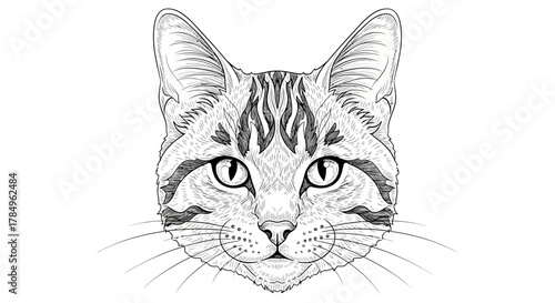 Detailed monochrome portrait of a tabby cat emphasizing expressive eyes and intricate fur markings