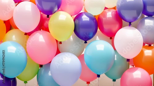 Vibrant Pastel Balloons Rising Against a Plain Backdrop Creating a Joyful Atmosphere with Soft Colors and Playful Patterns