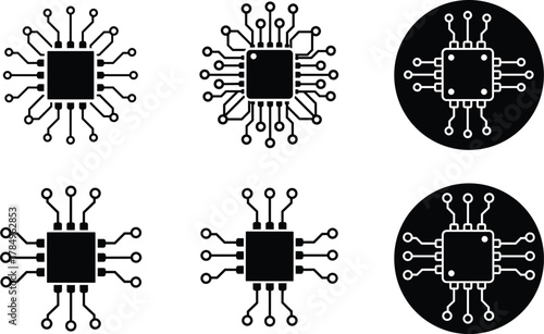 Set of electronic microchip circuit icons, technology processor symbols, digital motherboard design, computer hardware illustration, integrated chip connection graphics