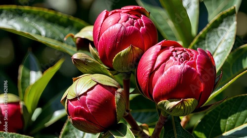 Vibrant Red Peony Buds and Lush Green Leaves Displaying Natural Beauty and Botanical Elegance in Close-up Nature Photography