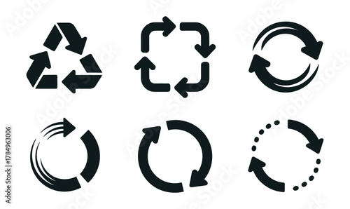 Collection of diverse recycling and refresh arrow symbols showing circular motion, loop, repeat, and environmental concepts. Vector