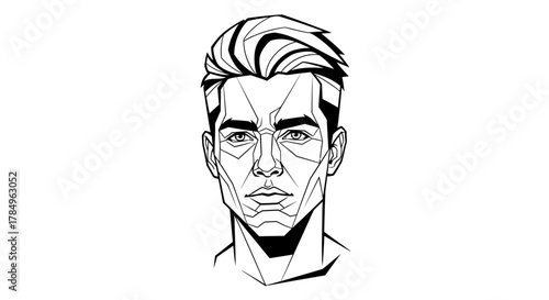 Geometric male portrait with a modern, polygonal design in black and white outlines