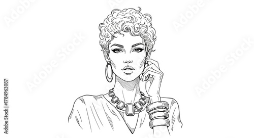 Sketch of a poised woman with jewelry conveying a sense of elegance and introspection