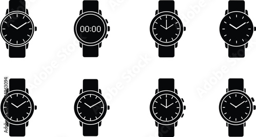 Set of elegant wristwatch icons, analog and digital watch design, timepiece collection, minimalist style, modern fashion, and clock illustration
