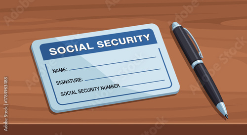 A cartoon-style digital illustration of a social security card on a desk with a pen beside it