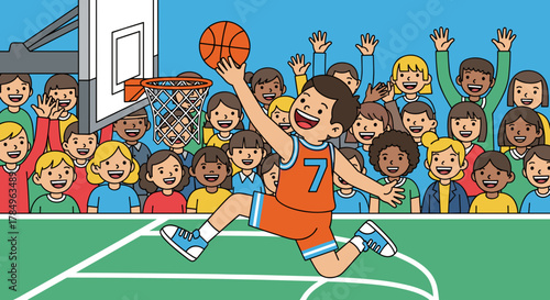 A children’s book illustration of a basketball player jumping to dunk the ball