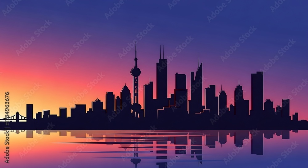 Fototapeta premium Silhouette of a modern city skyline at sunset with vibrant colors reflecting on the water below, showcasing architectural diversity and urban beauty
