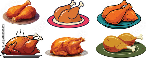 Roasted Chicken Drumstick Food Styles Vector Set