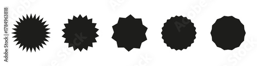 Circle stickers. Set of wavy edge promo black badges. Star burst shape tags for price. Blank simple sale stickers. Flat silhouette. Vintage labels. Graphic illustration.