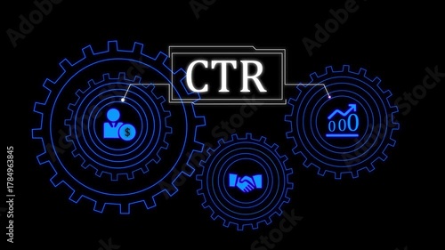 Digital Marketing CTR Concept with Interlocking Gears and Business Icons on Blue Background Click Through Rate . 4K VIDEO ANIMATION.