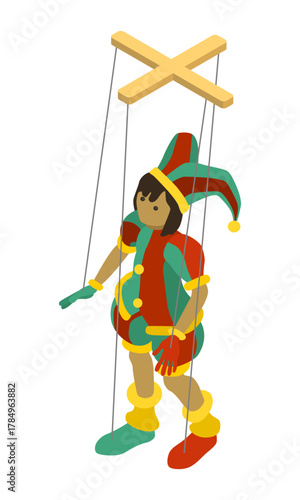 Jester puppet - hand drawn isometric vector illustration.