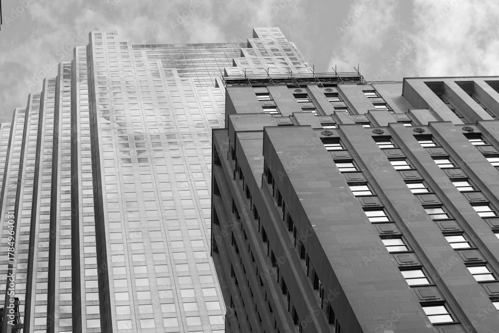 Obraz premium black and white representation of the historic Bank of Nova Scotia (northeast corner of King and Bay) and towering above Scotia Plaza, Toronto
