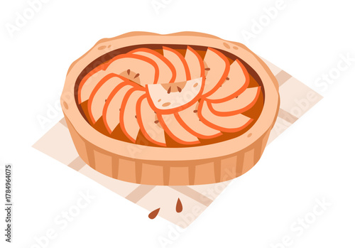 Apple tart with sliced fruit. Homemade baked goods with apples. Flat illustration of perfect for autumn baking or dessert themes.