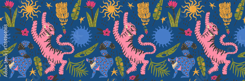 Funky tropical pattern with tiger lemur and jungle palm leaves.