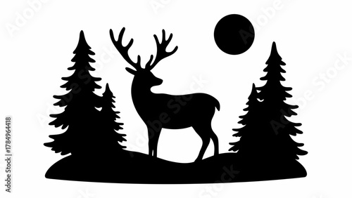 Majestic deer silhouette standing among pines under the moonlight, a serene nature scene for wall art