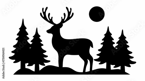 Elegant woodland silhouette of a deer standing majestically among the trees under the moon's glow