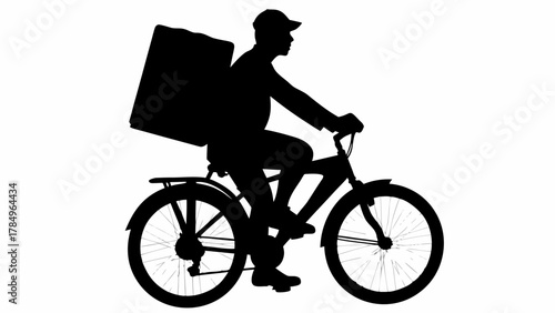 Eco friendly delivery man silhouette riding bike with package, fast delivery service with bicycle courier