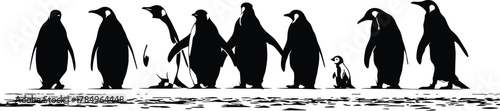 Flat vector penguin family silhouette on ice, adult and chick group, polar wildlife scene, cold climate nature, Antarctic animal illustration
