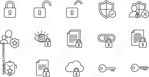 Security Icons Set for Data Protection and Network Safety Outline Style